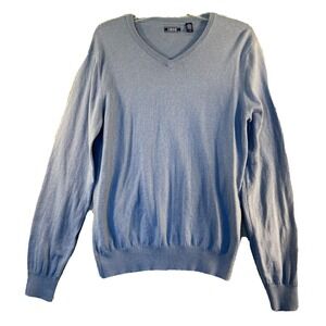 IZOD V-Neck Sweater Mens Medium Blue Cotton Wool Blend Pullover Classic Knit